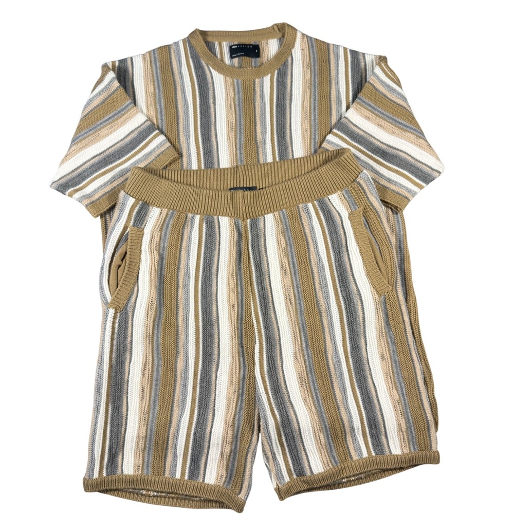 ASOS DESIGN Mens Knit Set Striped Short Sleeve Sweater and Shorts Brown Grey M